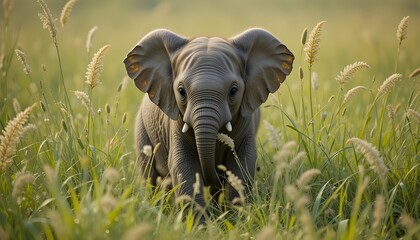 Fototapeta premium A young elephant stands in tall grass, looking directly at the viewer.