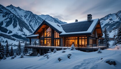 A cozy, illuminated mountain lodge nestled in a snowy alpine landscape, under a twilight sky.