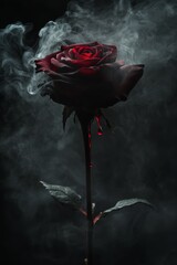 Dark red flower with dripping substance, surrounded by gray smoke against a black background. Moody and dramatic lighting enhances the mysterious atmosphere.