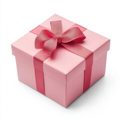 Obraz premium Pink gift box with a red ribbon bow on a white background.