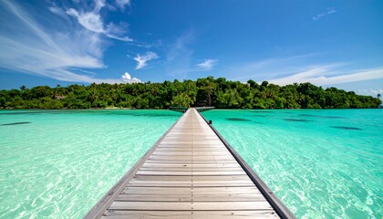 Fototapeta premium Tropical island paradise: wooden pier stretching into the turquoise sea under a clear sky