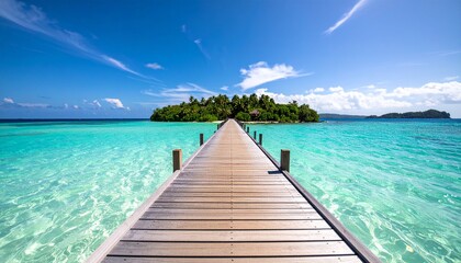 Obraz premium Tropical wooden pier stretching into the turquoise sea, inviting summer travel to a paradise island