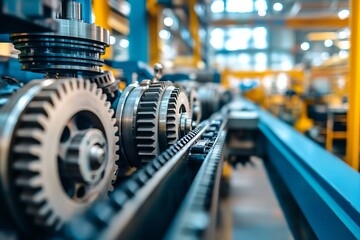 Fototapeta premium Industrial gear system in modern factory workshop showcasing precision engineering, mechanical power transmission, and advanced manufacturing technology