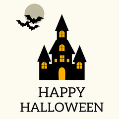 Happy Halloween, Minimalist with haunted house, moon and bats. on light beige background, perfect for holiday greeting cards, party invitations, seasonal social media posts, banners and decorations. P
