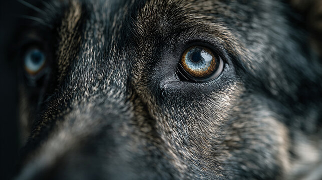 A close up shot of a dog's face showing its fur and different colored eyes in sharp focus detail - Powered by Adobe