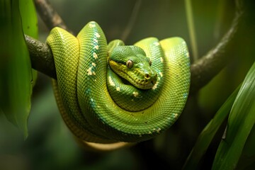 Green tree python coiled on a branch