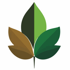 
A stylized vector illustration of three leaves in varying shades of green and brown, converging at a central point, symbolizing nature, growth, or a seasonal transition.