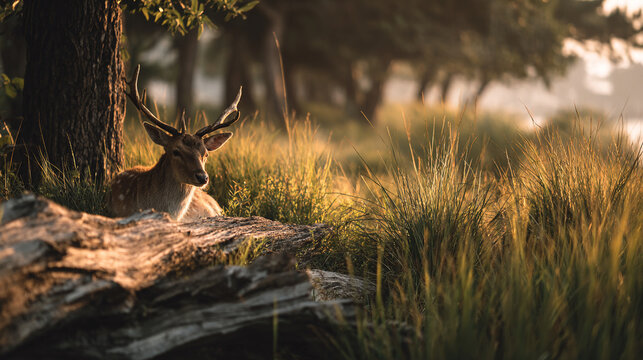 A deer with antlers resting near a tree trunk in a field of tall grass during golden hour light