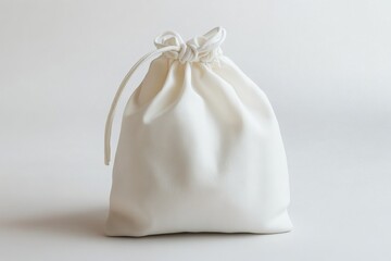 Minimalist white drawstring pouch isolated on light background, elegant and simple storage solution for cosmetics, jewelry, or small accessories