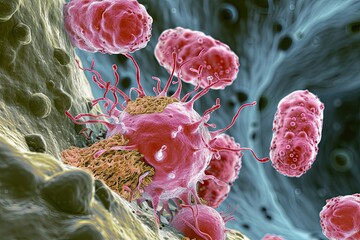 3D rendering of macrophages attacking viruses, realistic medical illustration