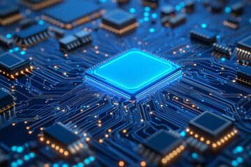 Futuristic blue glowing microchip on advanced electronic circuit board, cutting-edge semiconductor technology and high-performance computing concept
