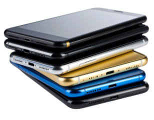 Stack of modern smartphones in assorted colors, side view, isolated on white background PNG (2)