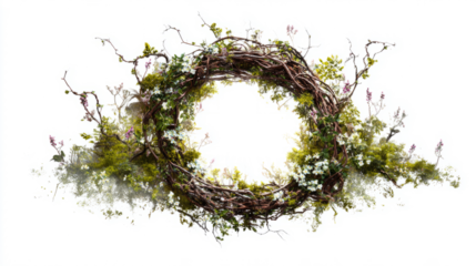 Botanical portal made of growing vines and wildflowers forming a ring, enchanted aura, white background