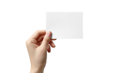  hand holding a blank white square card isolated on transparent background