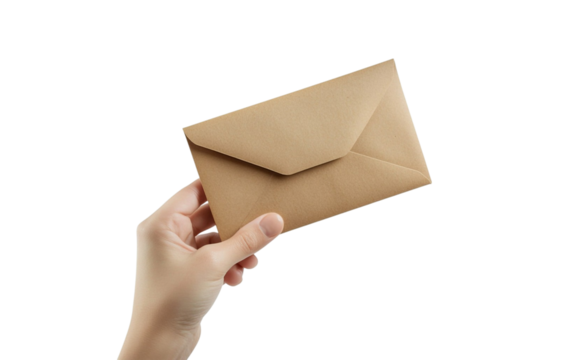 Hand holding a brown paper envelope isolated on transparent background - Powered by Adobe