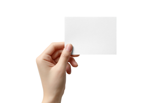  hand holding a blank white square card isolated on transparent background