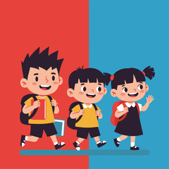 Happy Children Walking to School, Back to School Illustration