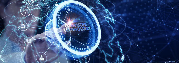 IT consultant presenting tag cloud about information technology.