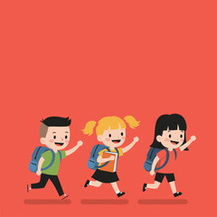 Happy Kids Running to School with Backpacks - Cartoon Illustration