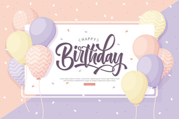 A Happy Birthday greeting card with balloons and confetti