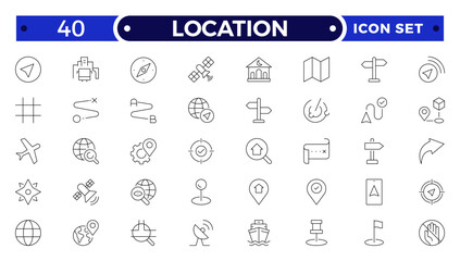 Location outline icon set. Containing map, map pin, gps, destination, directions, distance, place, navigation and address icons.