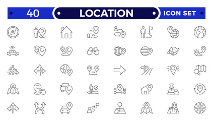 Location outline icon set. Containing map, map pin, gps, destination, directions, distance, place, navigation and address icons.