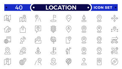 Location outline icon set. Containing map, map pin, gps, destination, directions, distance, place, navigation and address icons.