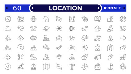 Location outline icon set. Containing map, map pin, gps, destination, directions, distance, place, navigation and address icons.