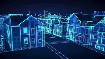 Futuristic cityscape featuring blue neon wireframe buildings and construction elements at night - Powered by Adobe