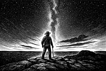 Obraz premium Man gazing at Milky Way in night sky standing on rocks in black and white engraved style