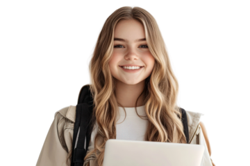 Young woman with long wavy hair wearing a casual outfit smiles while holding a laptop, isolated on a bright background for technology themes