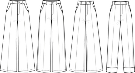 Wide-leg formal trousers technical flat sketch front and back view, cuffed hem design for fashion CAD template illustration