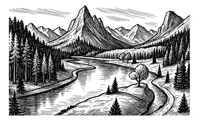 Detailed Black and White Engraving Landscape with Mountains, River, and Forest