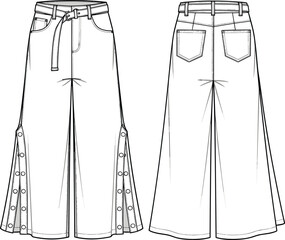 Wide leg pants flat sketch, front and back view, snap button detail, fashion technical drawing, vector CAD illustration, template