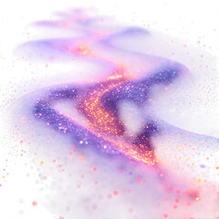 Abstract flowing purple and pink nebula with sparkling golden dust and bokeh lights isolated on transparent background