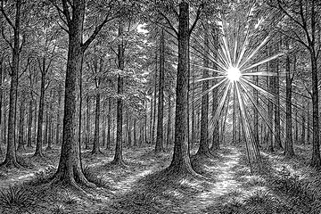 Engraved Forest with Sunlight Streaming Through Trees Creating a Dramatic Scene