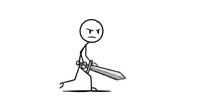 Stick figure character walking with sword cartoon graphic design