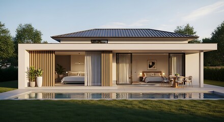 Fototapeta premium Modern House with Poolside Patio and Bedroom Views