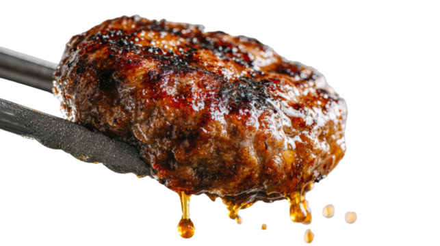 Juicy burger patty held in tongs, dripping with grilled fat, sizzling on white backdrop