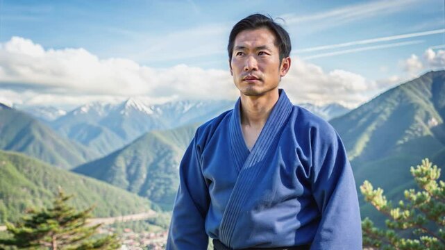 A focused judo master stands resolutely against a breathtaking backdrop of majestic snow-capped mountains under a clear sky, embodying strength and tranquility. 