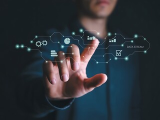 Human finger touching digital data flow human hand
