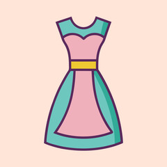 Illustration of a teal and pink dress with a yellow belt accent