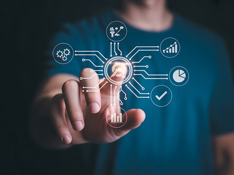 Human finger touching digital network interface image - Powered by Adobe