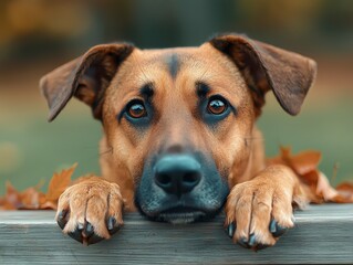 Obraz premium Dog sitting outside cafe with fallen leaves and warm tones, lifestyle aesthetic