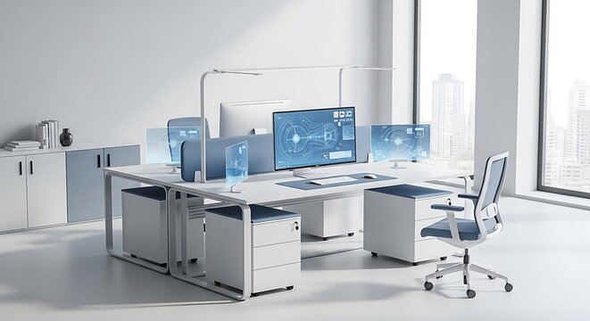 Modern Office Workspace with Computers and City View