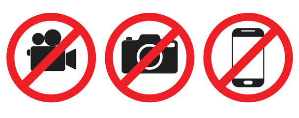 No photography video prohibited forbidden area sign, No photo no video recording set silhouette icon, camera icon, No recording or taking pictures sign, Prohibiting the use of cameras or phones