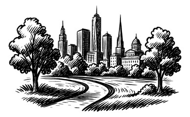 Fototapeta premium City Skyline with Trees in Foreground, Hand Drawn Black and White Vector Illustration