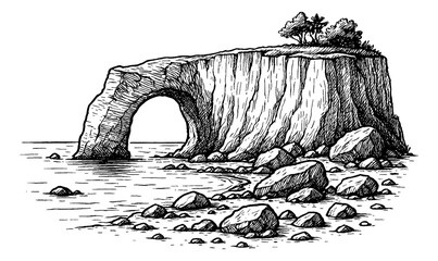Fototapeta premium Hand Drawn Illustration of a Cliff with an Archway and Trees on Top Near the Ocean