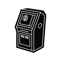 Black and white illustration of a Bitcoin ATM, simple design