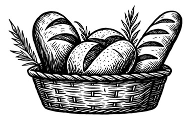 Fototapeta premium Engraved Basket Full of Bread Loaves and Wheat Stalks in Black and White